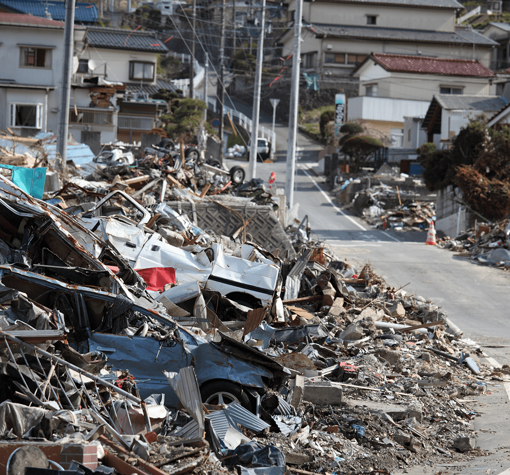 Rubble and debris on a street